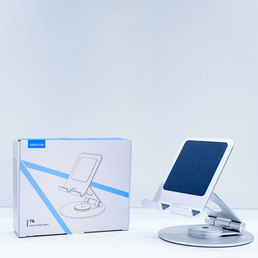 OMOTON Swivel iPad Stand — 360° Rotating Adjustable Tablet Holder (Silver)