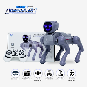 AI Bionic Robot Dog – Black Smart Mechanical Toy | App + Voice Control (Bluetooth) | Programmable • LED Expressions • Walk & Dance • Rechargeable Battery
