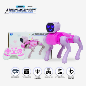 AI Bionic Robot Dog – Pink  Smart Mechanical Toy | App + Voice Control   (Bluetooth) | Programmable • LED Expressions • Walk & Dance • Rechargeable Battery