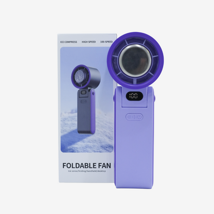 FOLDABLE FAN – Model Y19 100-Speed Ice Cooling Foldable Fan Input: 5V = 1A (Fast Charge) Compact Size: 145 × 59 × 66 mm  • Low Noise • Portable Design Perfect for Travel, Office & Qatar Summer Heat