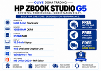 HP ZBook Studio G5 — Intel Xeon Processor · 16GB RAM · 512GB SSD · 4GB Graphics | 15.6" Display | Pre-owned Grade A Workstation in Qatar.