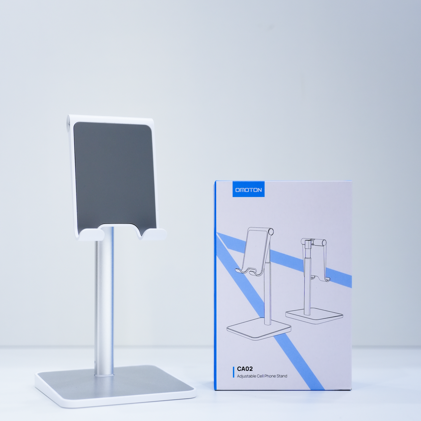 OMOTON Phone Stand, Angle Height Adjustable, Mobile Phone Stand, Vertical Desktop Holder, Compatible with iPhone  17/12/11/8/Pro/XS/XR/Max and All Smartphones (Up to 7 In)-White