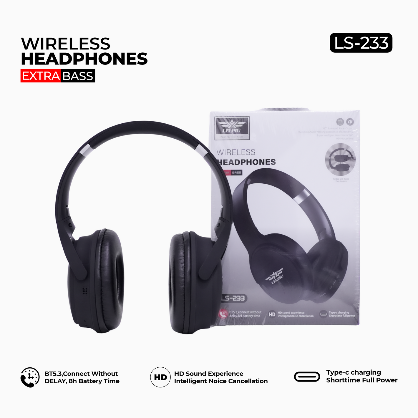 LELISU LS-233 Wireless Bluetooth Headphones – Extra Bass | Bluetooth 5.3 | 8H Battery | Type-C Charging